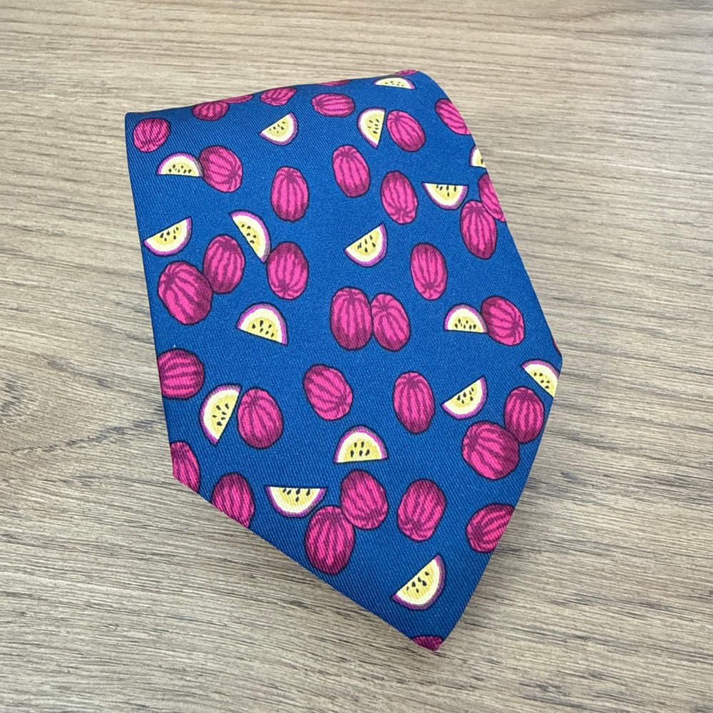 Hermes Paris Silk Tie Blue Pink Watermelon Fruit Motif 7435 HA Made in France